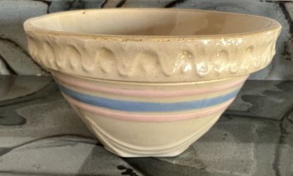 6” Yellow Farmhouse Antique Batter Bowl Primitive Decor Yellowware Bowl Yellow ware Pottery Striped Bowl Yellow Pink & Blue striped Bowls USA 