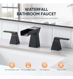 Matte Black Waterfall Bathroom Faucet for 3-Hole Sinks 8 Inch Widespread Vanity Faucet with Sculptural Trapezoid Body, Two Handles, Pop-Up Drain & Hos