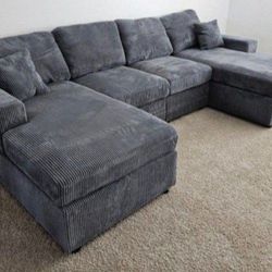 ✅️✅️4 pc  grey corduroy fabric sectional sofa with double chaise.✅️✅️✅️