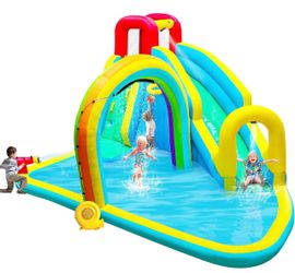 Inflatable Water Slide Park with Air Blower 157 x 132 x 90.5 inches, Kids Bouncer House with Rainbow Sprinkler, Bouncy Castle with Climbing Wall, Spla