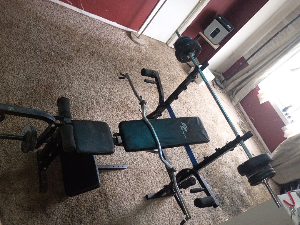 Bench Press Table, Barbell And Weights