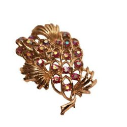 vintage Art Nuevo leaf brooch with pink rhinestones 
