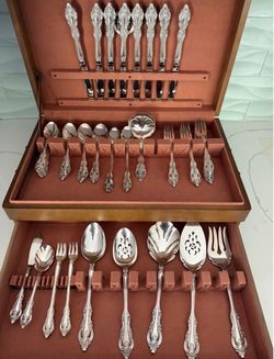 Silver Flatware Set in Wooden Storage Case