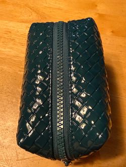 Teal Woven Patent Leather Zip Pouch