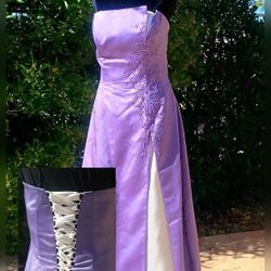 Size 14 ( but MAY FIT 12-16) Stunning Strapless Prom Dress Gown Dusty Purple with Sequin &  Bead Embellishment, Lace-up Back