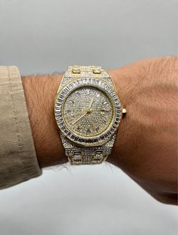 Iced Out Gold-Tone Baguette Mens Watch