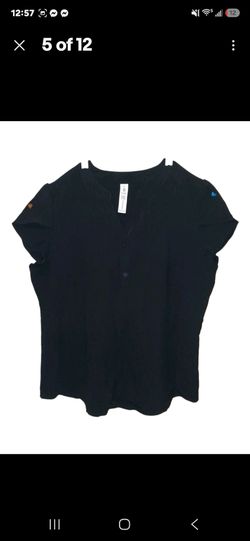 Black Cap Sleeve V-Neck Button Front Blouse Sz M Lightweight Career Top