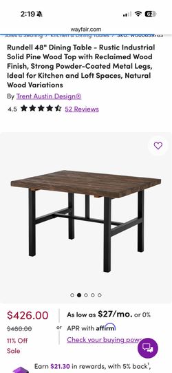 48" Dining Table Rustic Industrial Solid Pine Reclaimed Wood Metal Legs,