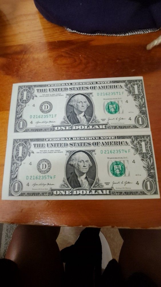 Two Almost Sequintial Off Center 1 Dollar Bills 