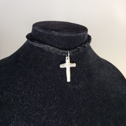 Velvet Choker & Silver Color Cross