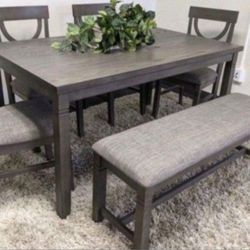 ✅️✅️(6 pc  Grey finish wood dining table set grey padded seat chairs and bench✅️✅️✅️
