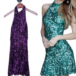 Sherri Hill 51346 sequin high neck prom cocktail dress in plum, size 8  Sequin cocktail with high neck halter bodice and cut out back, size 8  Excelle