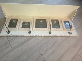 Distressed White Hobby Lobby Wall Shelf with Hooks & Frames