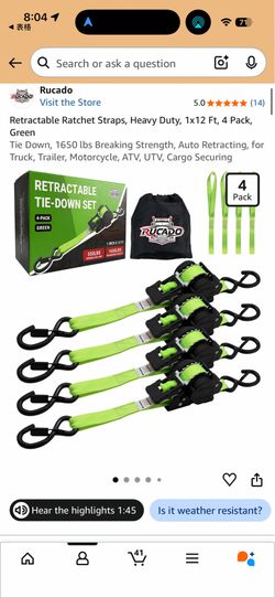 Rucado 4-Pack Retractable Ratchet Straps, 1” x 12’