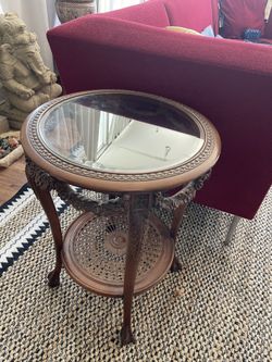 Antique Victorian Mahogany Glass Top Side Table with Cane Shelf vintage