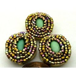 Green Cateye Beaded Clip On Button Covers Set 4