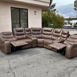 Beautiful Elegant Upscale Luxury Italian Leather All Electric Powered Large Sectional Sofa With Nail Head Trim