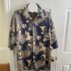 Kahala Navy %100 silk Tropical Print Hawaiian Shirt with Gold Accents (XXL)