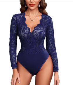 $5 Small Navy Blue Lace Bodysuit for Women Long Sleeve V Neck Body Suits Going Out Top