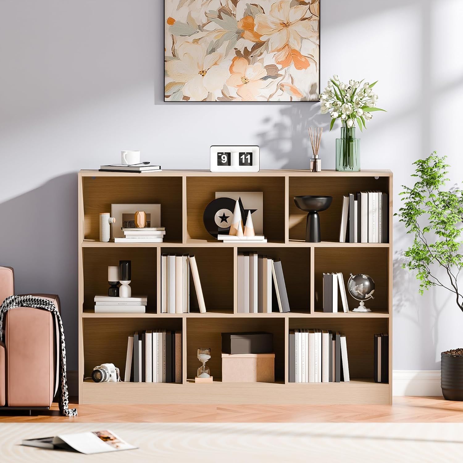 Oak Bookshelf, 3-Tier Open Shelf Bookcase, 10 Cube Storage Organizer with Anti-Tilt Device, Freestanding Horizontal Bookshelf Cube Shelf for Bedroom, 