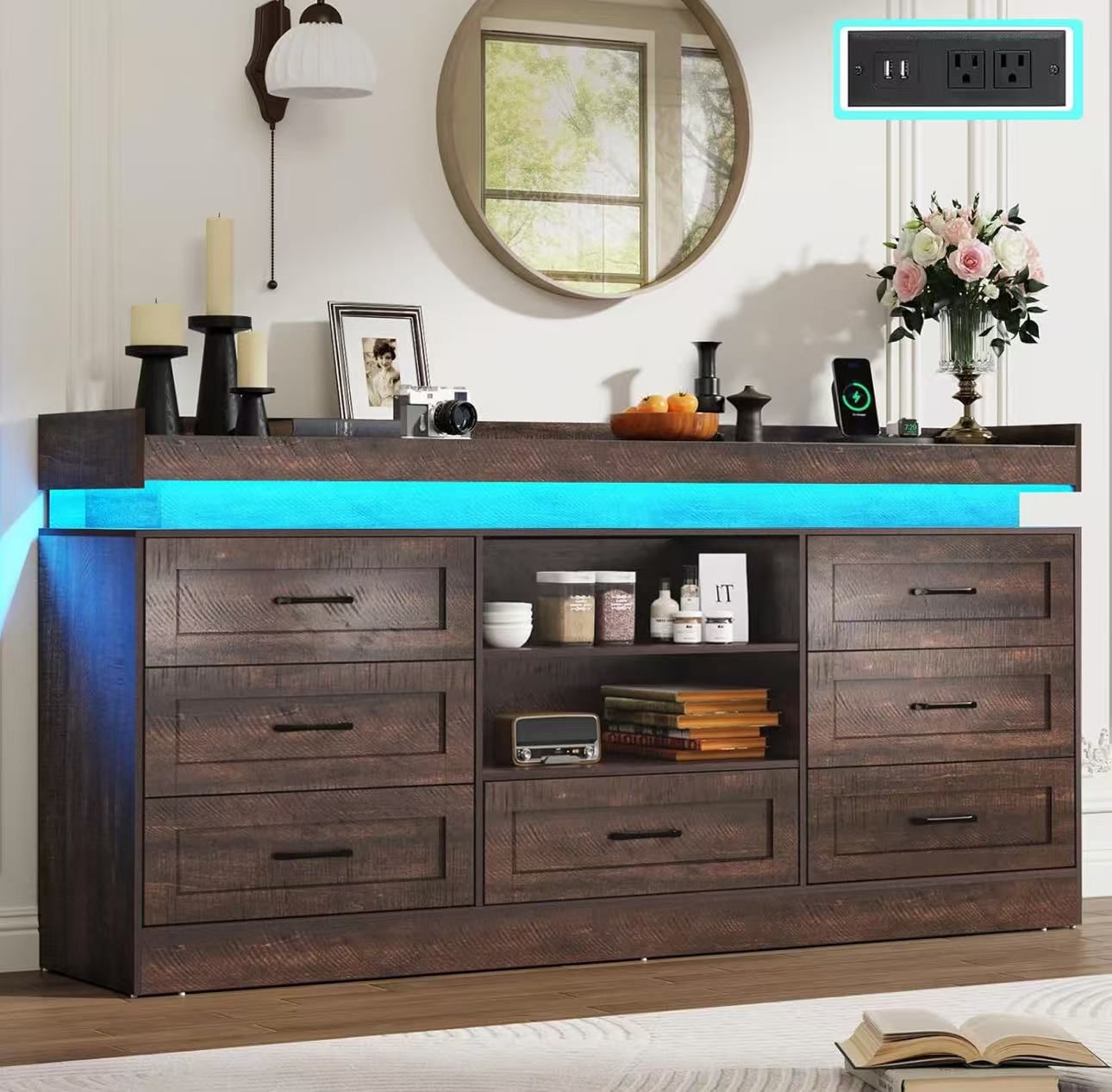 7 Drawers Dresser for Bedroom with LED Light and Power Outlets + 2 Open Storage Shelves Brown