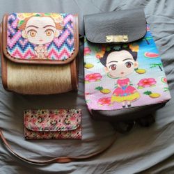 Frida Kahlo Wallet, Mini Backpack, & over the shoulder Purse 