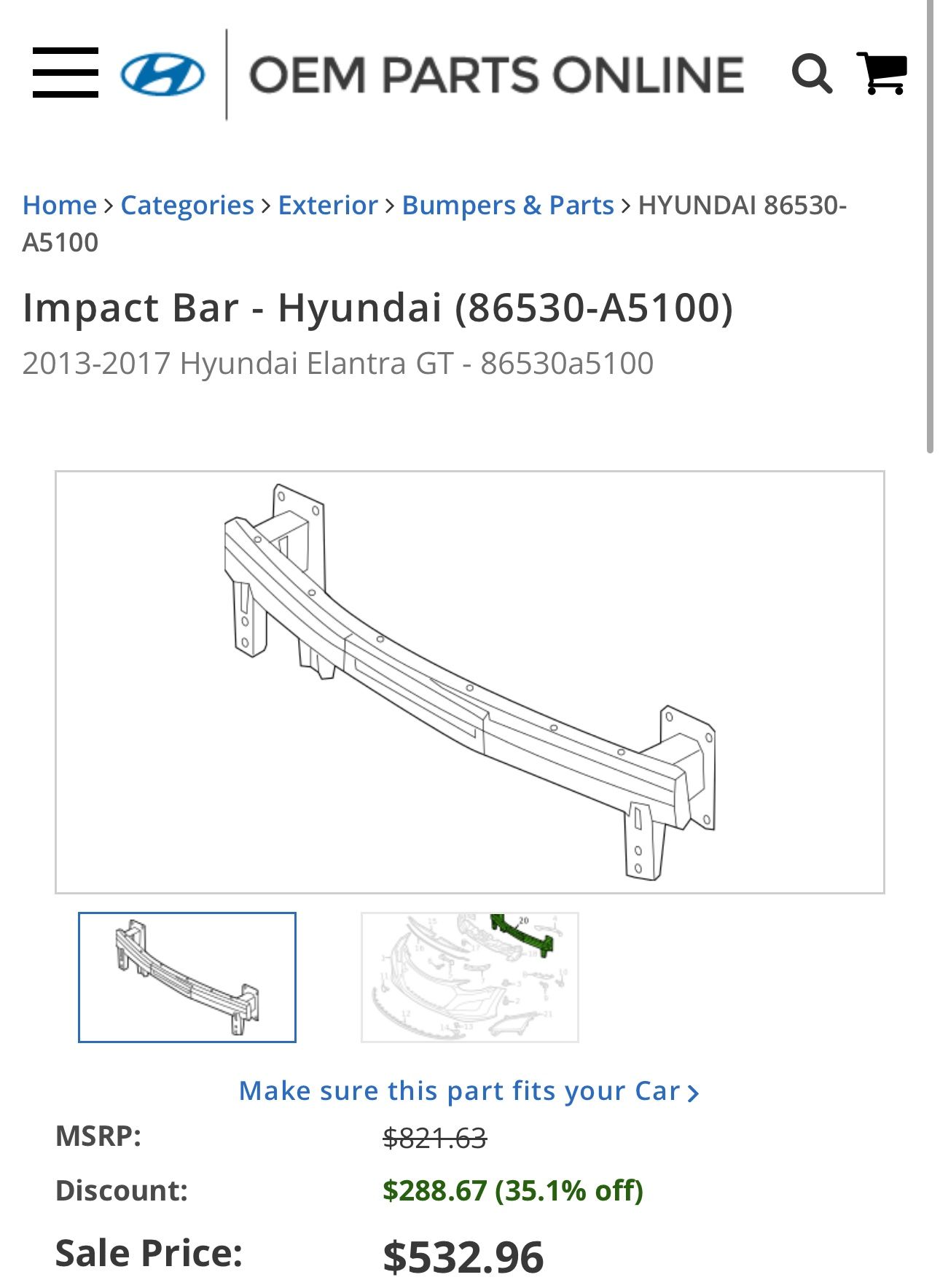 Genuine OEM Impact Bar - Hyundai (86530-A5100) 2013-2017 Hyundai Elantra GT