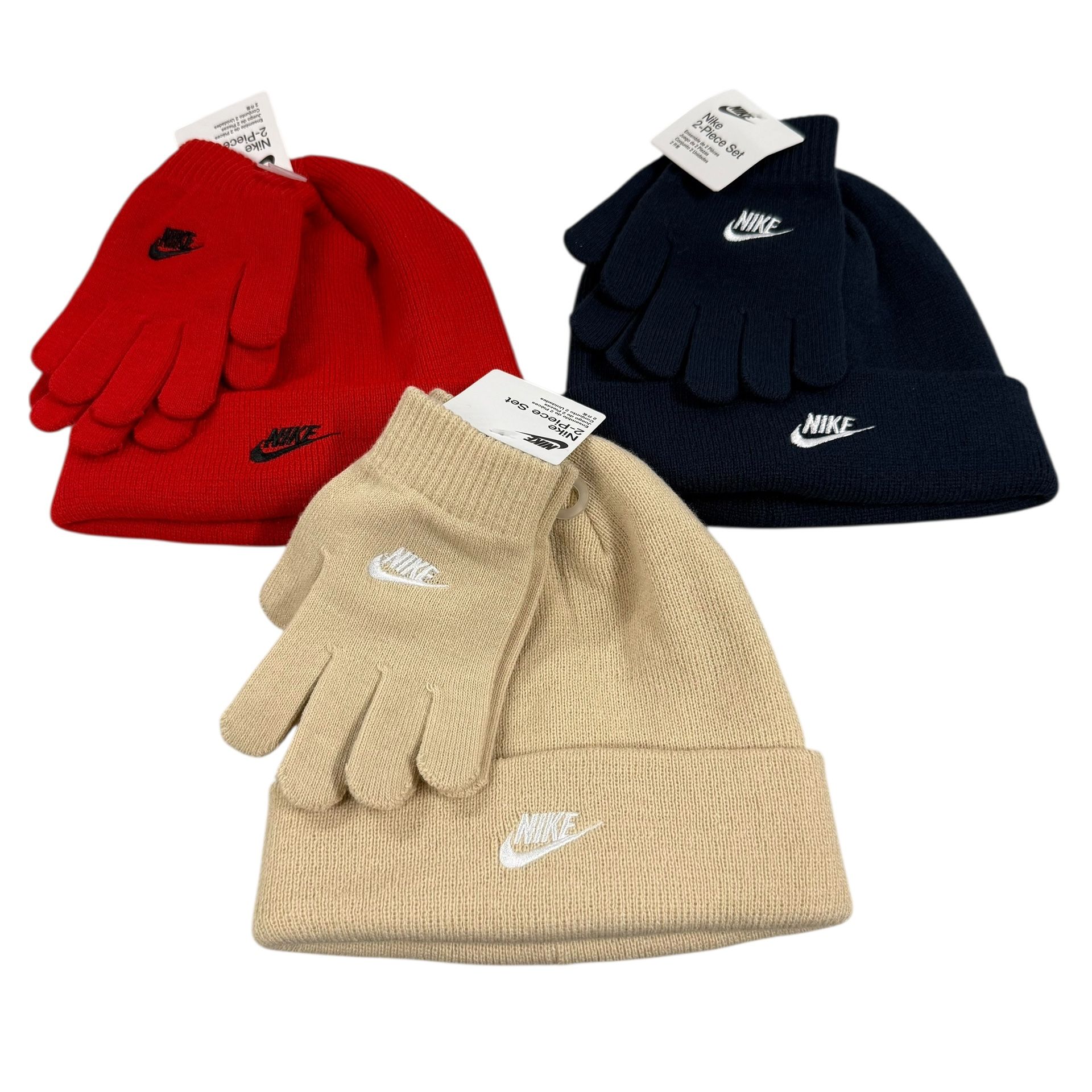 LOT of 3 Nike Youth Big Boys Futura Beanie Hat & Gloves 2 Piece Set Red Navy Tan