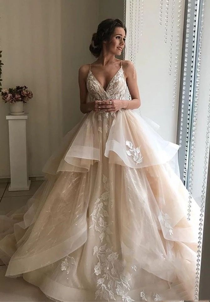 Champagne V Neck Spaghetti Sexy Wedding Dress Size 12