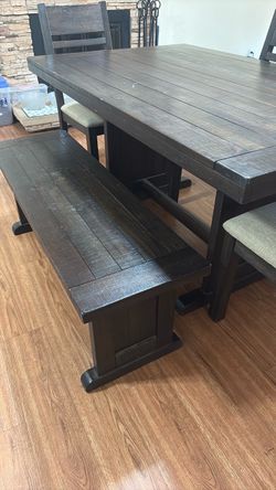 Dark Wood Farmhouse Dining Table with Bench