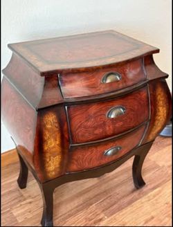Mid 20th Century Italian Diminutive Walnut Hardwood Three-Drawer Bombe Side Chest 24”x14”x27”H