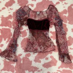 Vintage Y2K Anchor Blue Mesh Top – Sheer Floral Burgundy Velvet Bustier w/ Side Slits – Coquette Fairycore Dream ✨