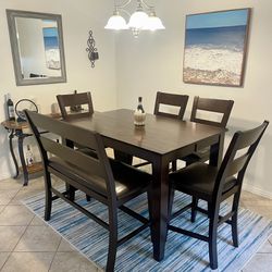 Gorgeous Extendable Hardwood Counter Height Dining Room Set With 4 Cushioned Chairs And Bench