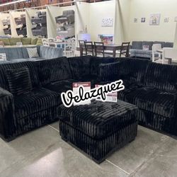 ✅️✅️ 4pc  Black corduroy fabric upholstered sectional sofa with ottoman ✅️✅️