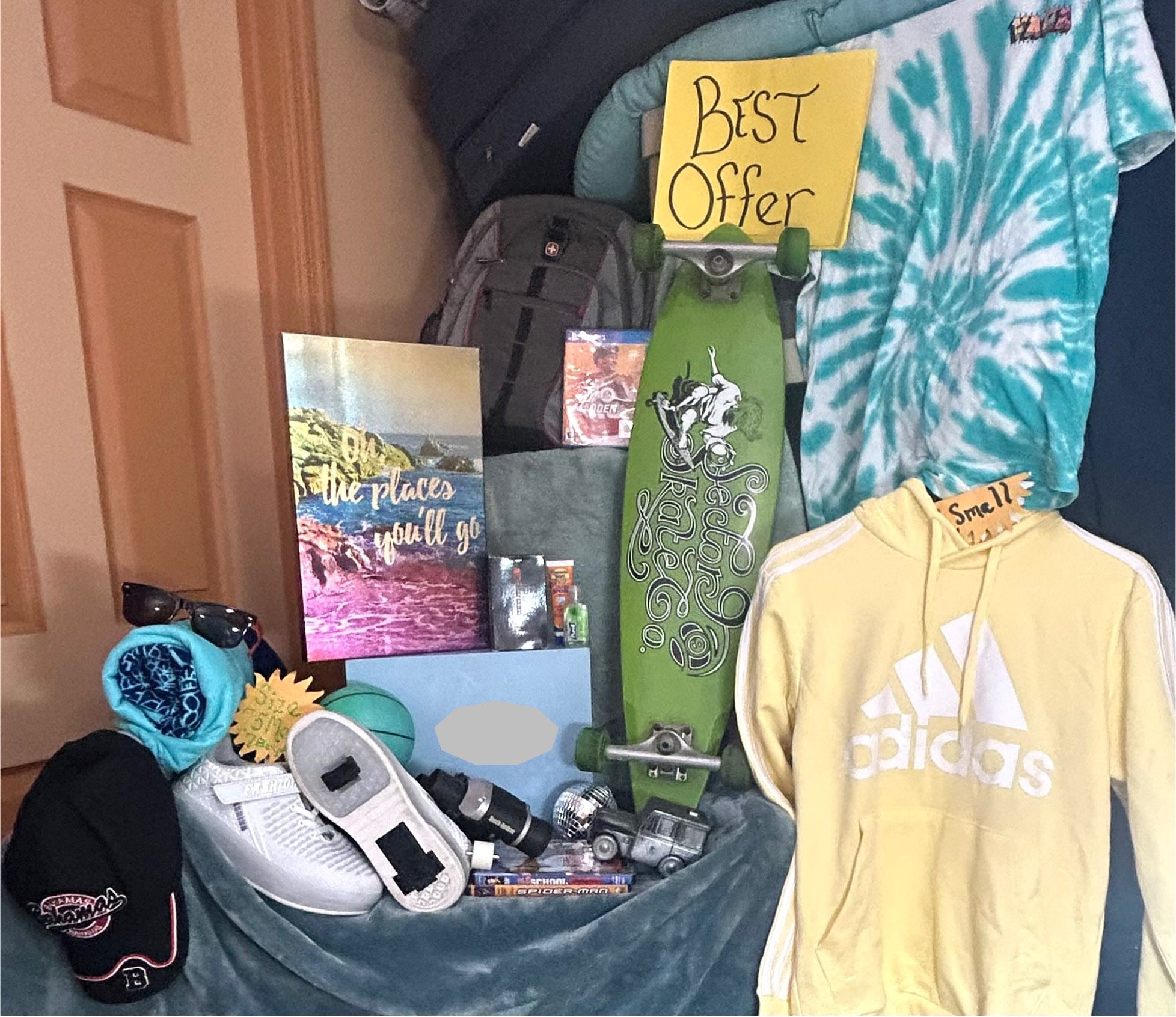 Sale Gift Package For Skateboarder Many Items. Teen Apparel, Skateboard, Beach Towel, Shoes .