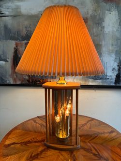 Vintage MCM Don Ward Style Table Lamp Etched Smoked Amber Glass Panels Wood Brass Accordion Taupe  Shade