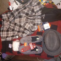 New men clothing items, jacket slippers hats