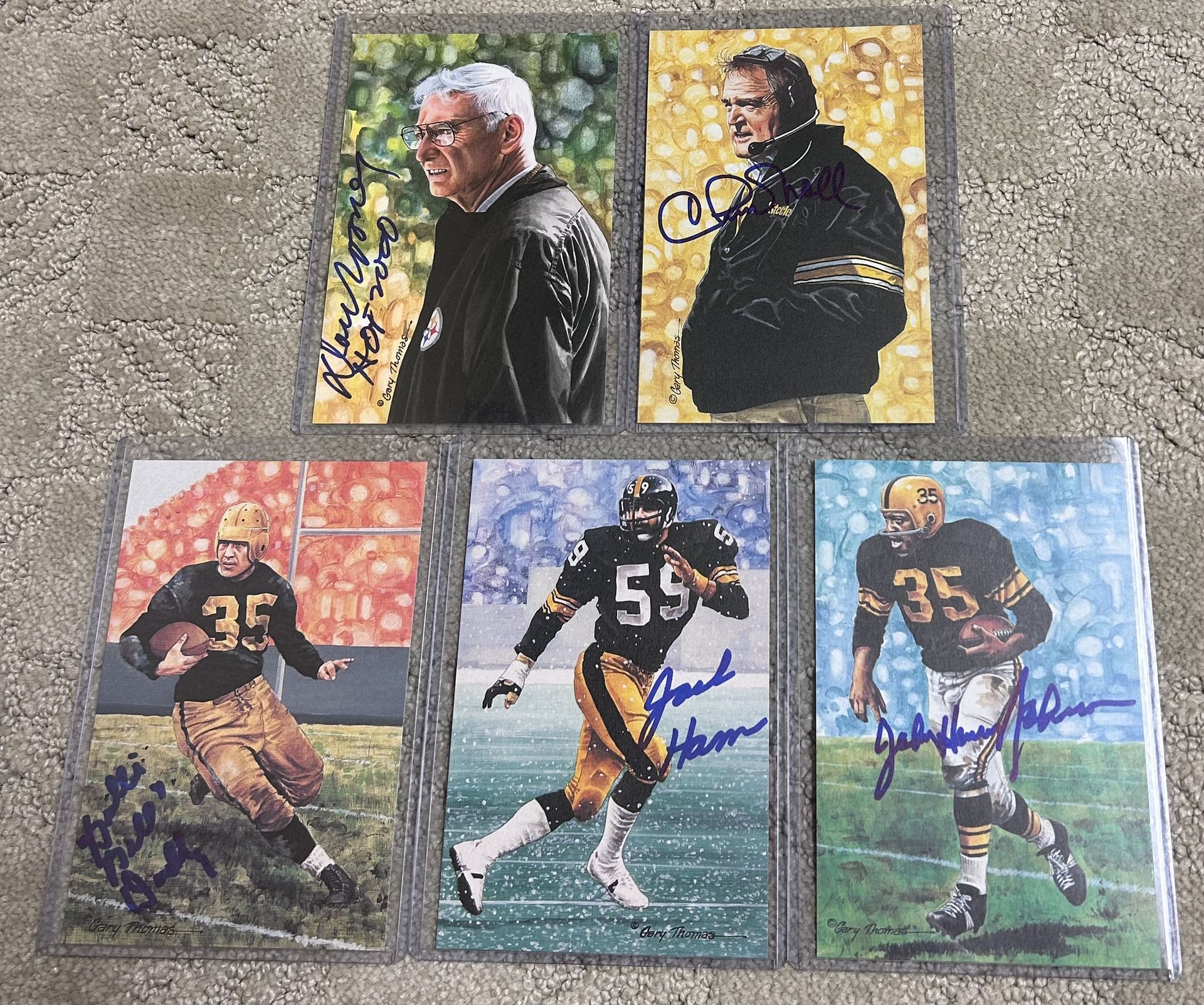 Lot Of 5 Autographed Pittsburgh Steelers Goal Line Art Cards