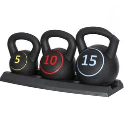 3-Piece Kettlebell Set with Storage Rack Home Gym Exercise Fitness Weights