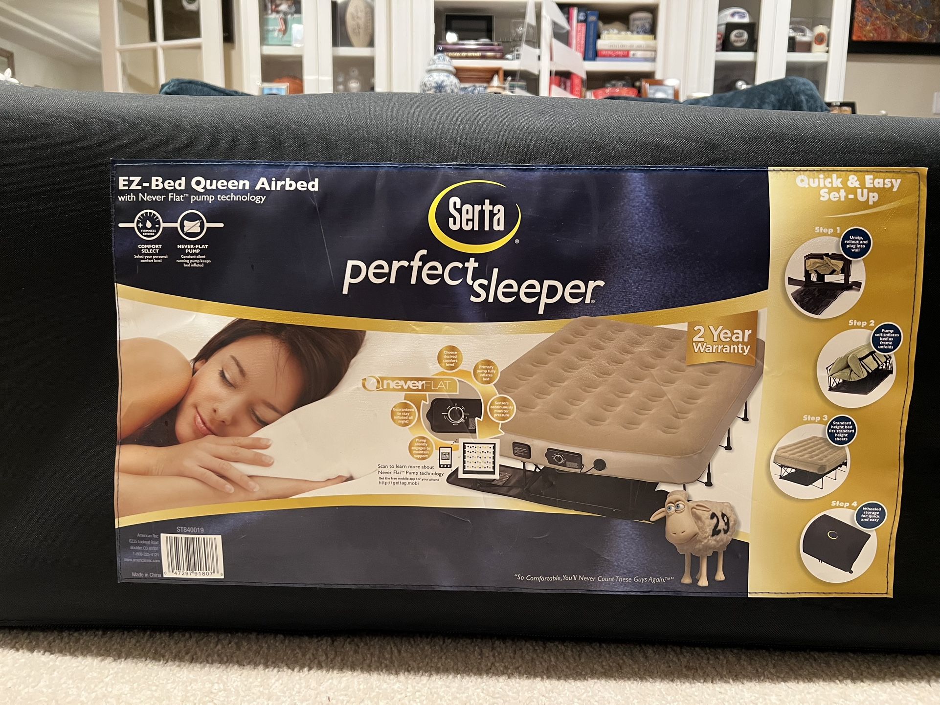 SERTA EZ BED Air Mattress with Frame & Rolling  Case, Self Inflating- NeverFlat AC Pump   