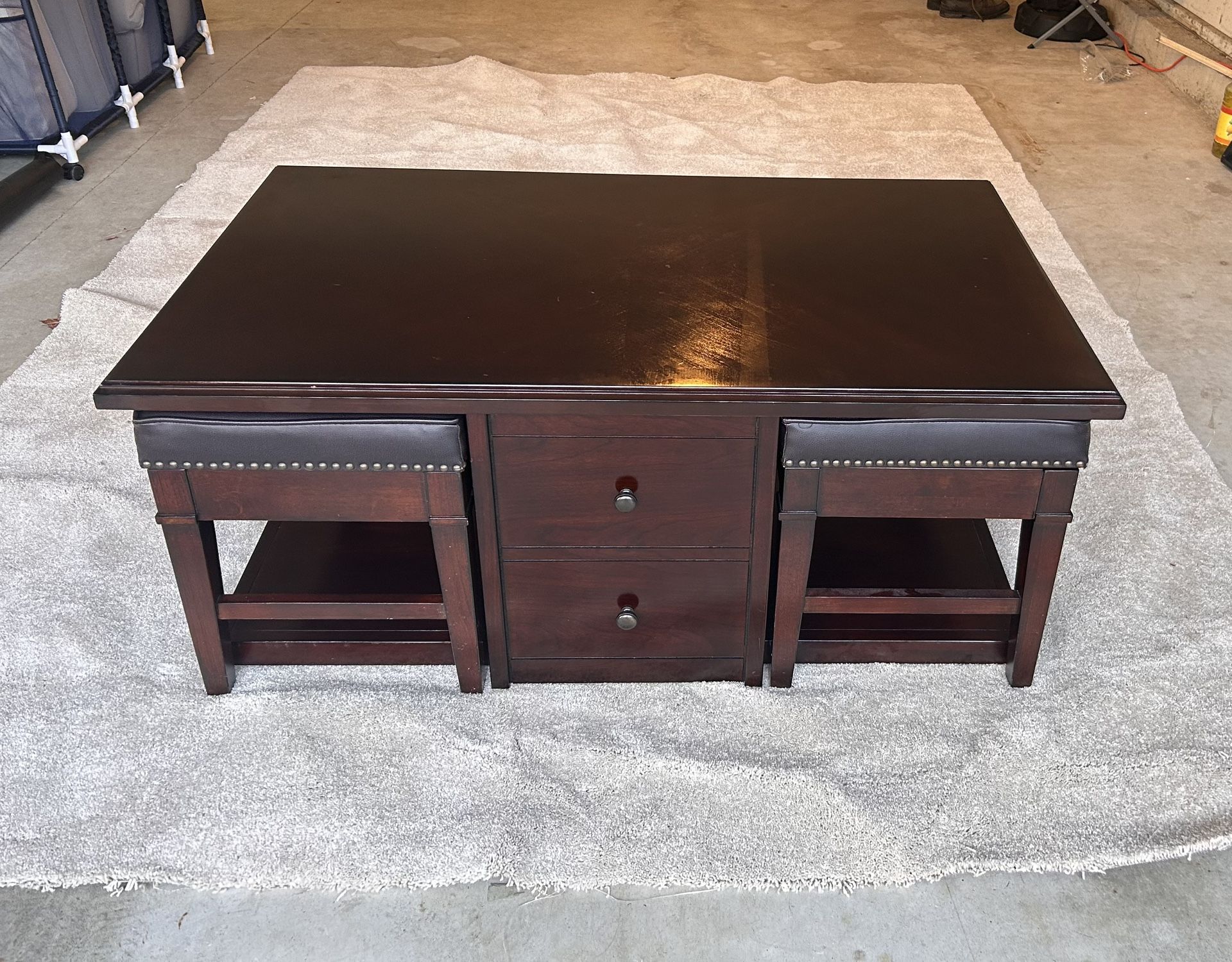 Solid Wood Coffee Table w/ 2 Leather Ottoman