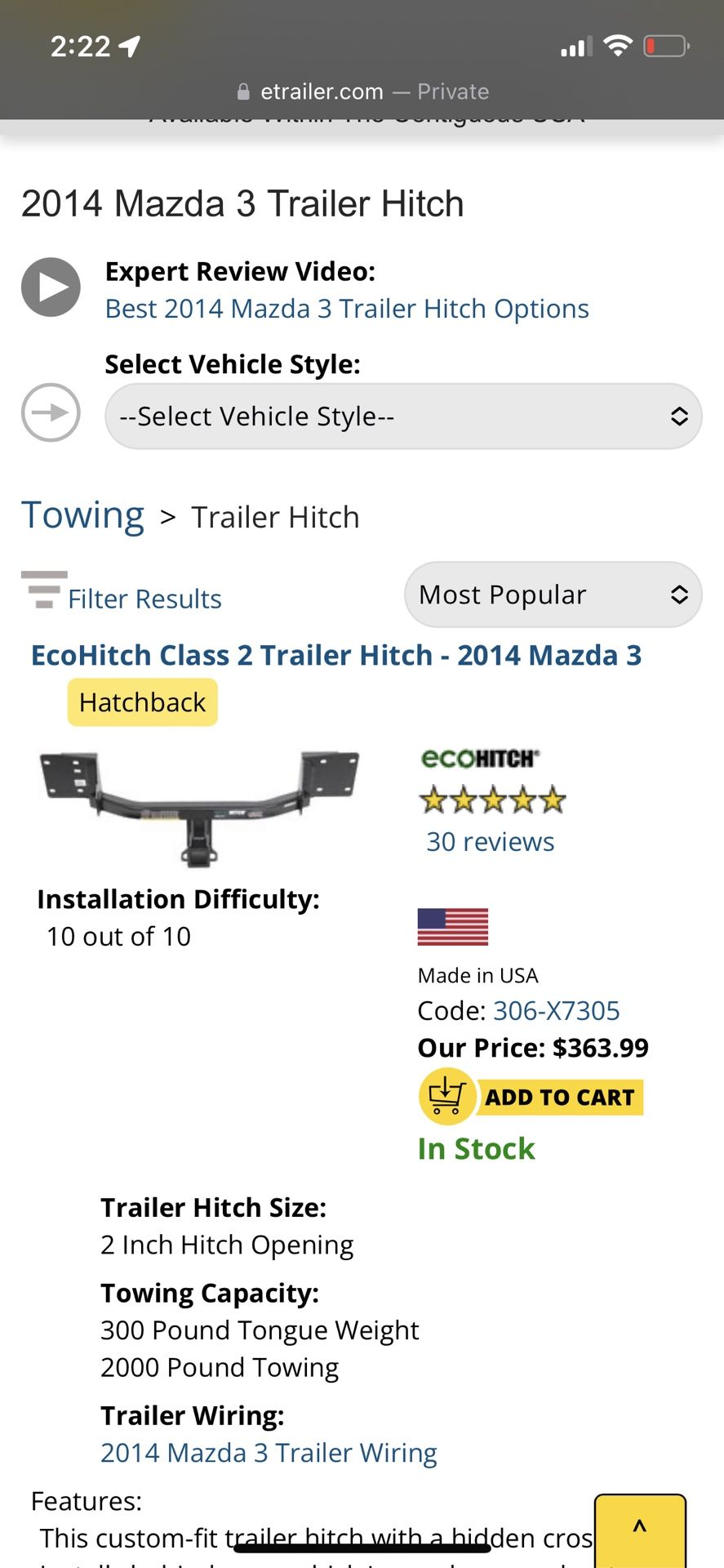 2014-2018 Mazda 3 Trailer Hitch Receiver