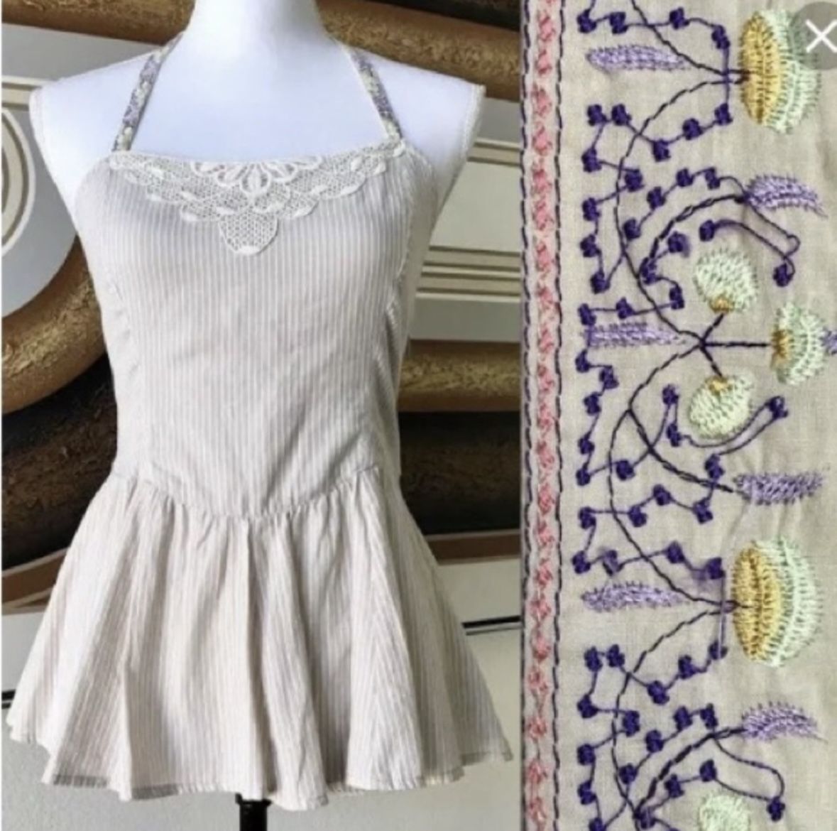 Free People Vintage Lace Peplum Halter Top Sz 4 RARE Boho Style