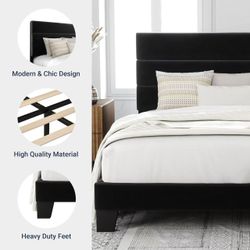 L Faux Leather Upholstered Queen Size Metal & Wood Platform Bedframe