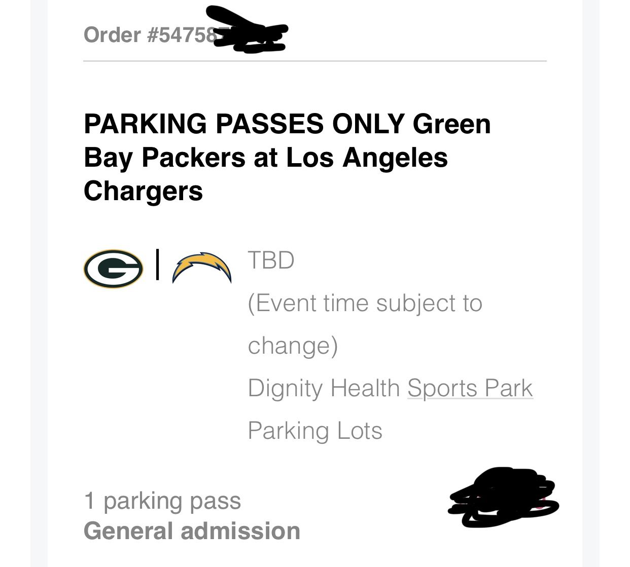 Tailgate Parking Ticket Chargers vs Packers Silver Parking