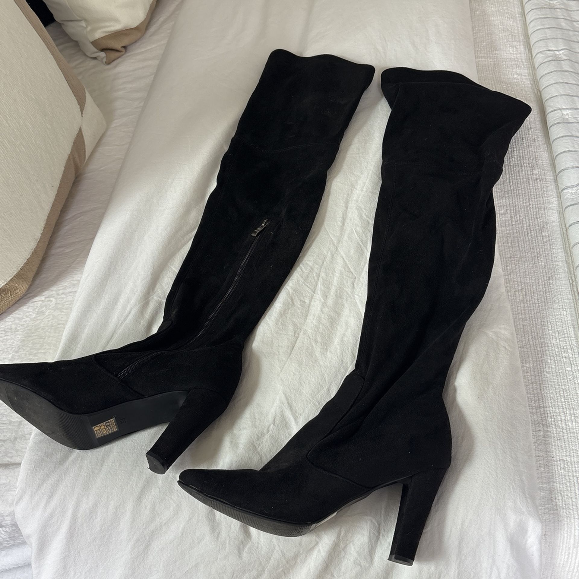 Black Suede Look Thigh Boots 7.5