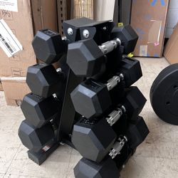 100LB Rubber Coated Hex Dumbbell Weight Set with A-Frame Rack, 5-20 lbs Pairs, New