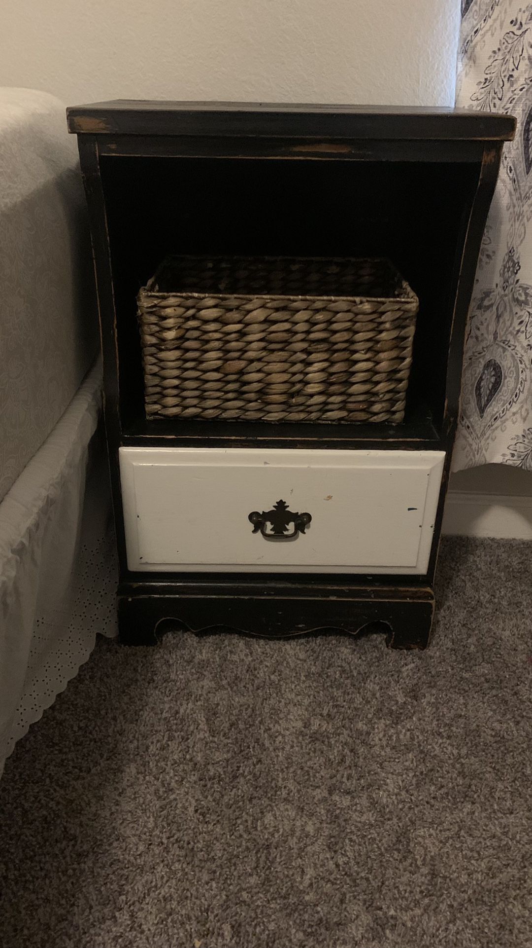 nightstand , black ottoman , mounted kitchen bar table and 2 barstools ,  3 cubby shelf