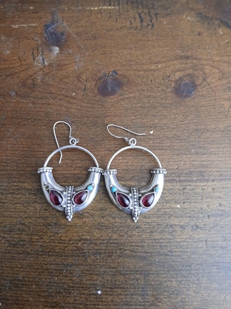 Indian Made Sterling Silver Aztec Set Of Earrings With Gem Stones