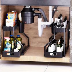 2pcs Under Sink Organizer with Sliding Shelves - Durable Pull-Out Cabinet Organizer for Bathroom & Kitchen, Space-Saving Storage Solution, Sleek Desig